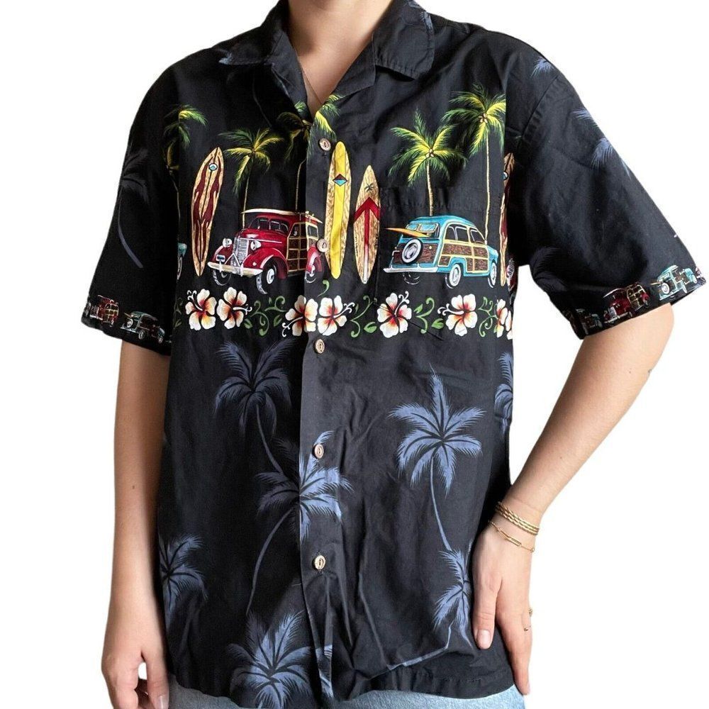 Vintage Hawaiian Togs Made in Hawaii Classic Car Tropical Floral Button Down M